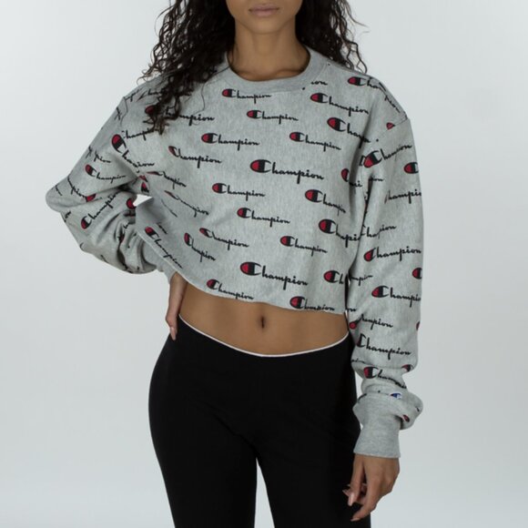 Champion Reverse Weave Oversized Cropped Sweatshirt All-Over Logo Design - Picture 15 of 15